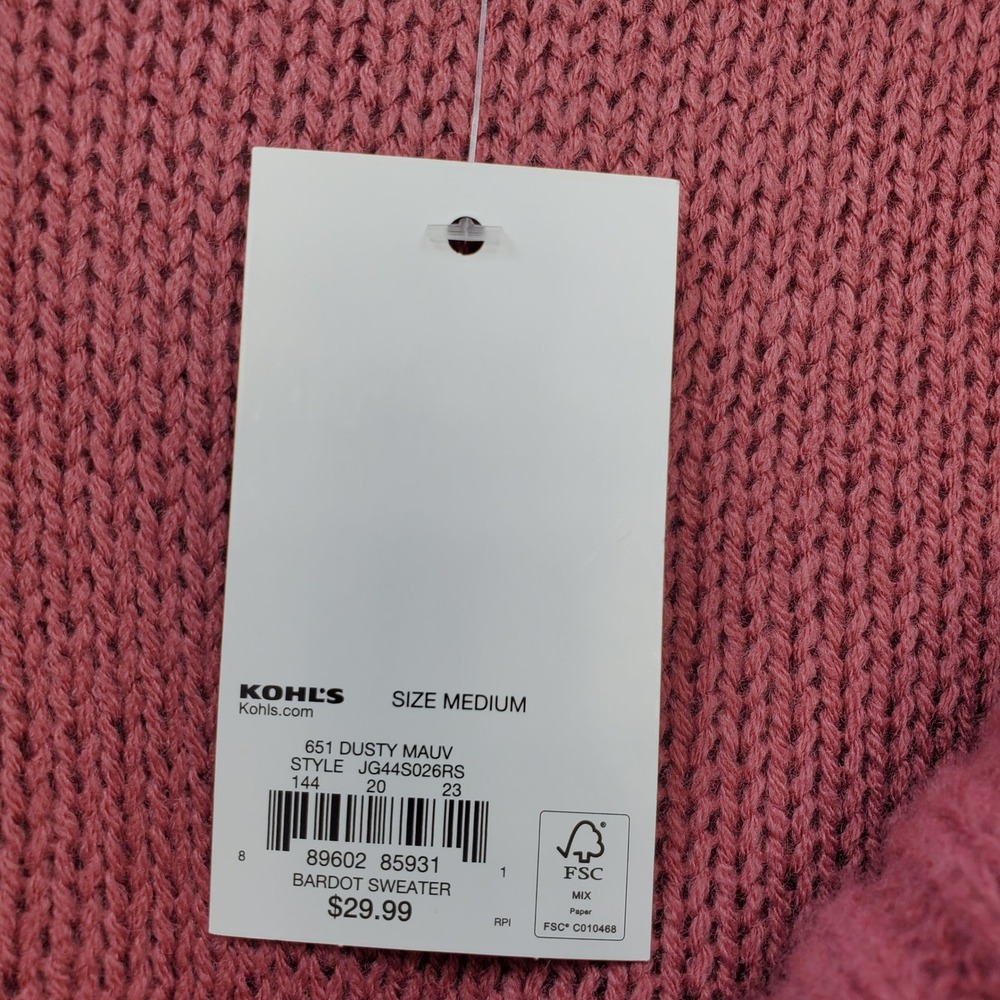 SO Goods for Life Bardot Sweater Womens Medium Dusty Mauve Acrylic Ribbed Cuffs - Picture 5 of 10